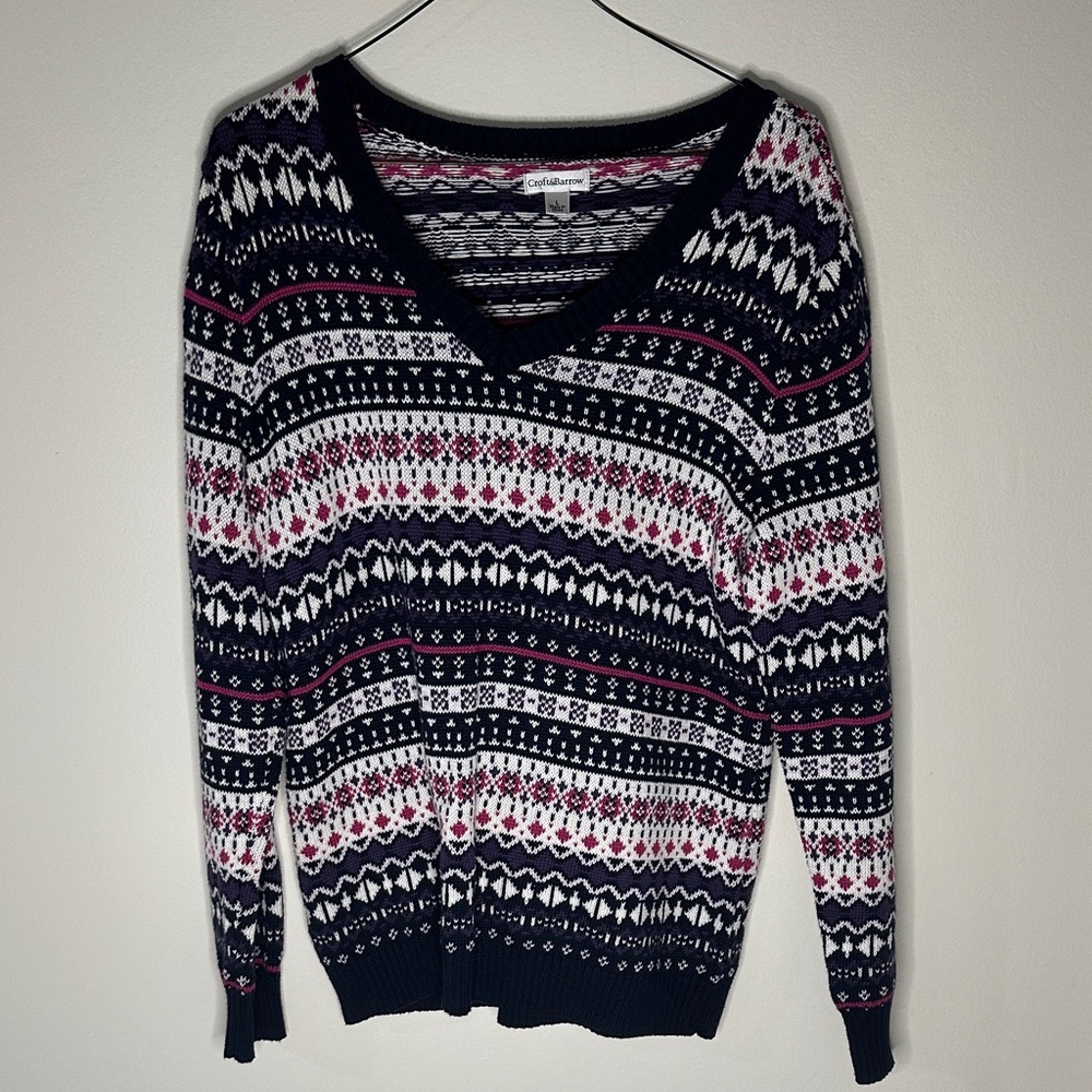 Coldwater Creek Patterned V-Neck Sweater - Black, White, Pink
